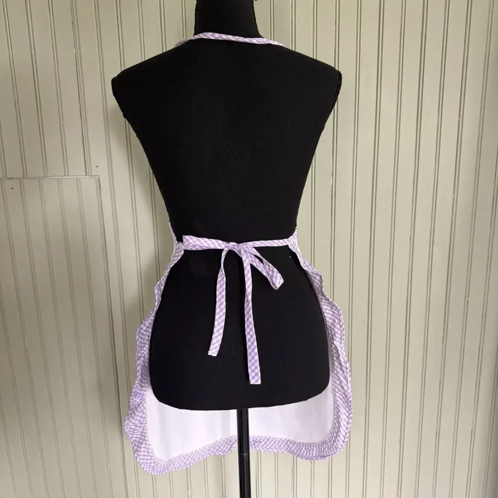 Vtg Hostess Full Apron Purple White MCM 50s Pocket Retro Tie Trad Cottage Ruffle